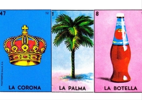 cartas corona, palma y botella